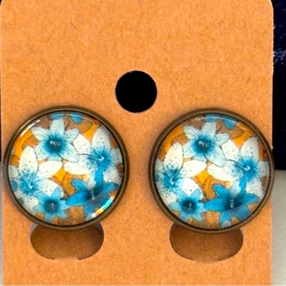 16mm Mustard Yellow and Blue Floral Print Clip On Earrings, Handmade, NWT